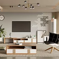 Modern Living Room Interior With Flat Screen TV Wooden Stand Accent Chair And Potted Plant
