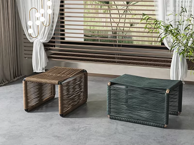Stylish Window Blinds with Woven Stools Curtains and Green Plant in Room 3d model