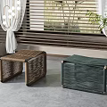 Stylish Window Blinds with Woven Stools Curtains and Green Plant in Room