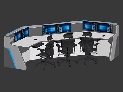 Modern Office Workstation Desk With Multiple Monitors And Three Ergonomic Chairs 3d model