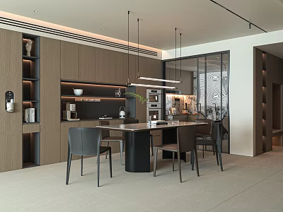Modern Restaurant Interior With Wooden Wall Hanging Lights And Round Dining Table 3d model
