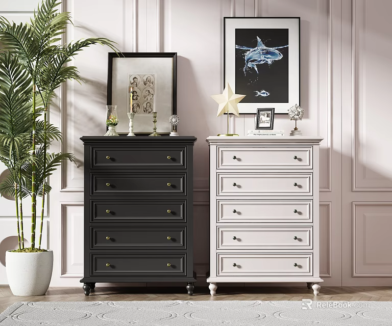 Stylish Black and White Dressers with Decorative Items Wall Art and Potted Plant 3d model 