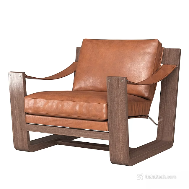 Comfortable Brown Leather Leisure Chair With Wooden Frame And Modern Design 3d model 