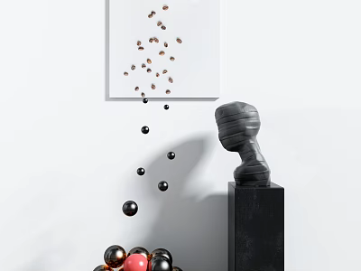 Black Abstract Sculpture Featuring Scattered Spheres on White Wall with Frame and Brown Objects 3d model