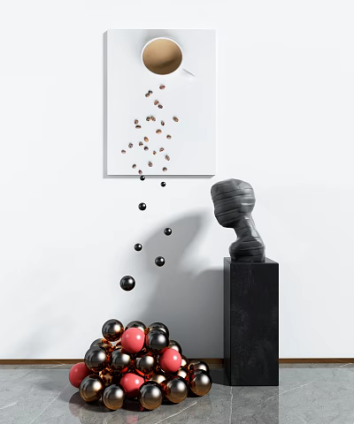 Black Abstract Sculpture Featuring Scattered Spheres on White Wall with Frame and Brown Objects 3d model