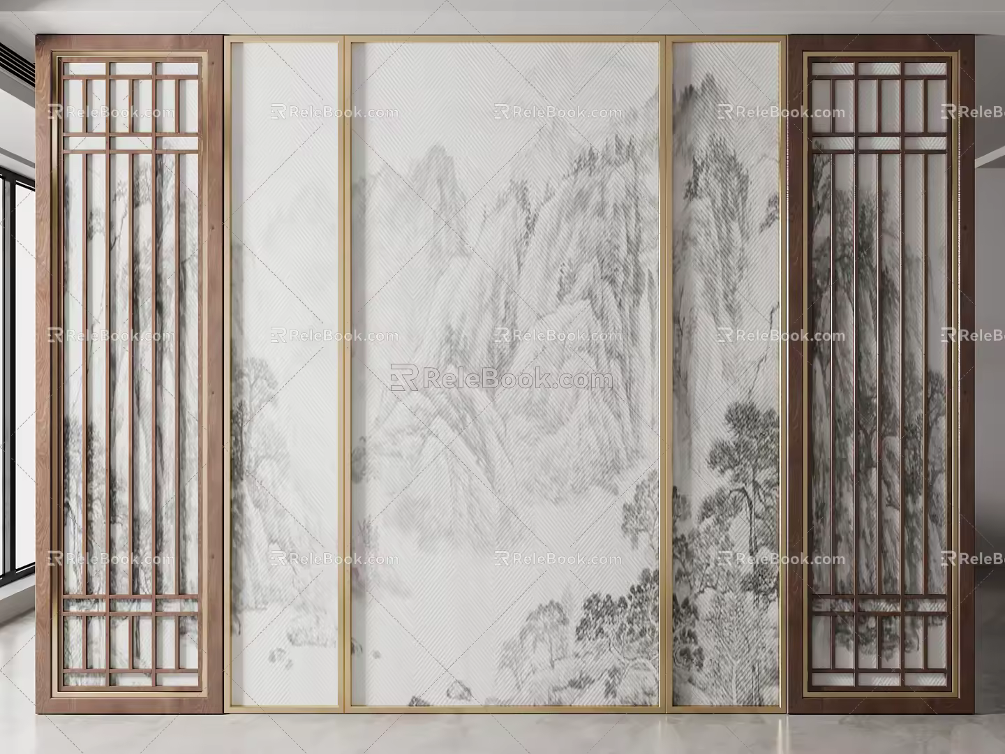 New Chinese Screen Ink Painting Partition Screen 3d model