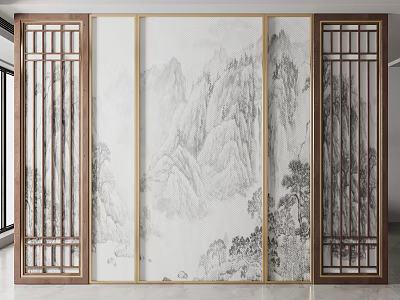 New Chinese Screen Ink Painting Partition Screen 3d model