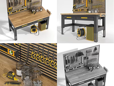 Practical Workbench With Wall Mounted Tools Rack Storage Jars And Tape Measure 3d model