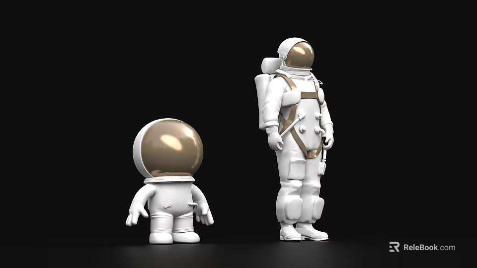 Two Astronaut Figures Large and Small in White Spacesuits with Gold Helmets Backpack on Larger 3d model 