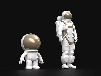 Two Astronaut Figures Large and Small in White Spacesuits with Gold Helmets Backpack on Larger 3d model