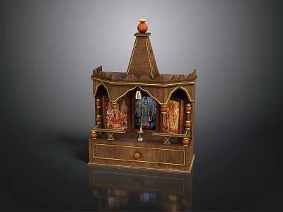 Traditional Brown Wooden Shrine With Pointed Roof Arched Front Windows And Colorful Golden Interior Decorations 3d model