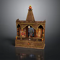 Traditional Brown Wooden Shrine With Pointed Roof Arched Front Windows And Colorful Golden Interior Decorations