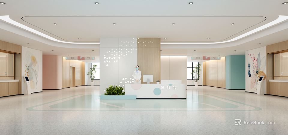 Bright Hospital Outpatient Clinic Interior Design With Reception Desk Staff And Green Plants 3d model 