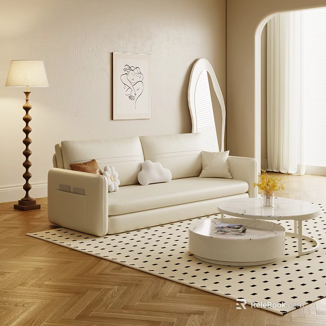 Cream Colored Sectional Sofa With Plush Pillows Polka Dot Rug Floor Lamp and Round Coffee Table 3d model 
