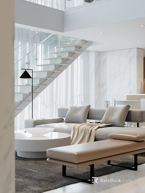 Modern Bright Open Living Dining Room With Glass Staircase And Cozy Neutral Interior Design 3d model 