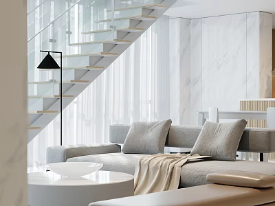 Modern Bright Open Living Dining Room With Glass Staircase And Cozy Neutral Interior Design 3d model
