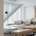 Modern Bright Open Living Dining Room With Glass Staircase And Cozy Neutral Interior Design