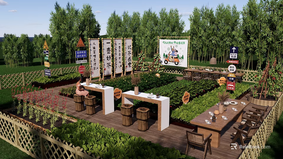 Scenic Rural Landscape With Vegetable Garden Wooden Tables Chairs Signs And Fence 3d model 