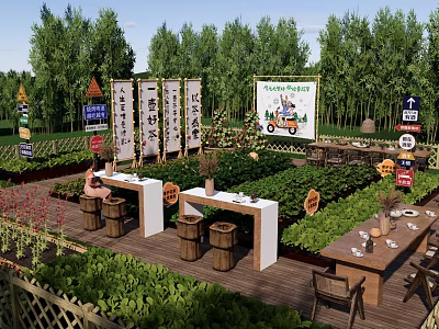 Scenic Rural Landscape With Vegetable Garden Wooden Tables Chairs Signs And Fence 3d model