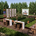 Scenic Rural Landscape With Vegetable Garden Wooden Tables Chairs Signs And Fence