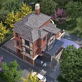 Traditional Detached Villa With Brick Exterior Gabled Roof Chimney Green Lawn And Surrounding Trees