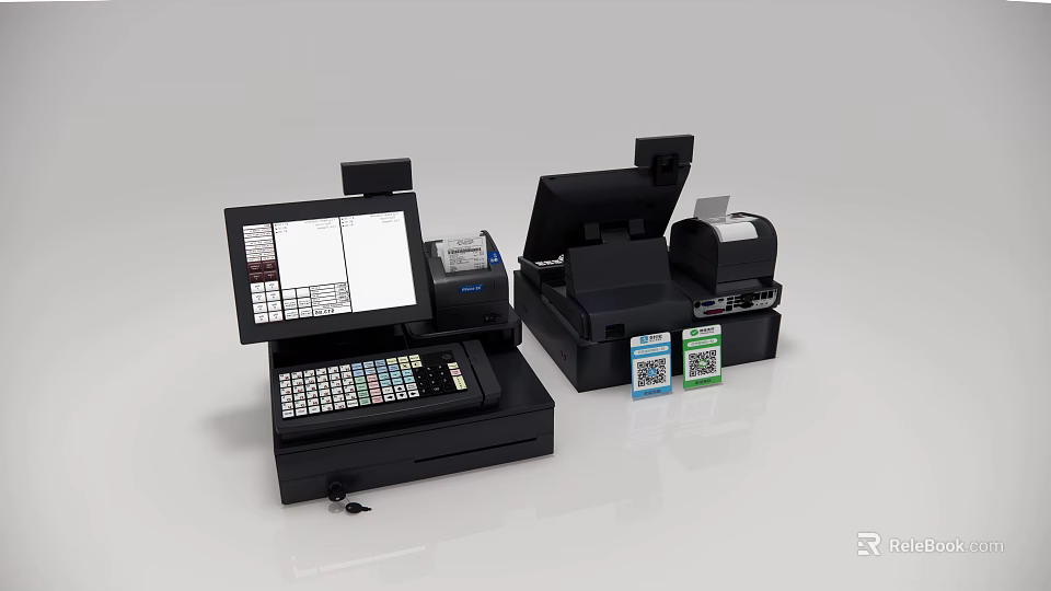 Commercial POS Systems With Touch Screen Display Integrated Keyboard Receipt Printer And QR Code Stickers 3d model 