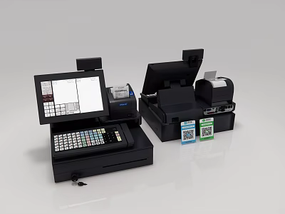 Commercial POS Systems With Touch Screen Display Integrated Keyboard Receipt Printer And QR Code Stickers 3d model