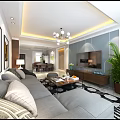 Modern Living And Dining Room Interior With Grey Sofa Geometric Rug And Chandelier