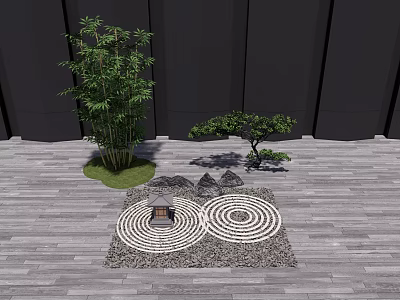 Zen Garden Ornament Featuring Bamboo Bonsai Tree Stones Circular Gravel Patterns on Wooden Deck 3d model