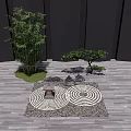 Zen Garden Ornament Featuring Bamboo Bonsai Tree Stones Circular Gravel Patterns on Wooden Deck