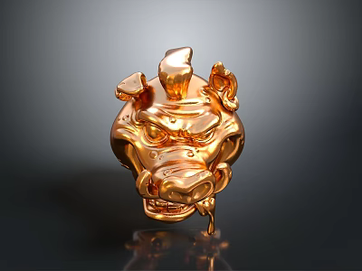 Glossy Bronze Dragon Head Sculpture With Detailed Facial Features And Horns 3d model