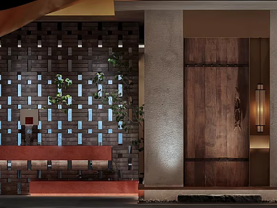 Modern Restaurant Entrance With Brick Wall Decorative Slots Green Plants Red Counter And Wooden Door 3d model