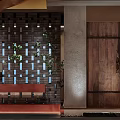 Modern Restaurant Entrance With Brick Wall Decorative Slots Green Plants Red Counter And Wooden Door