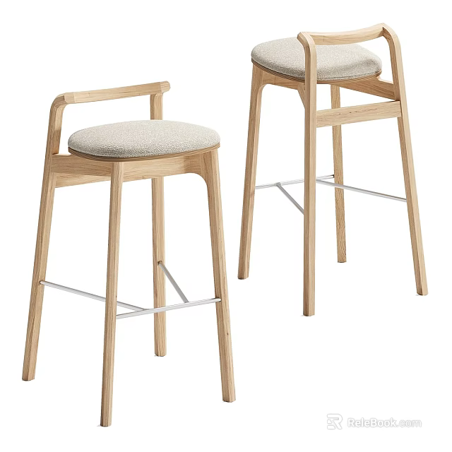 Modern Wooden Bar Stools with Sleek Design Upholstered Seats and Metal Cross Bars 3d model 