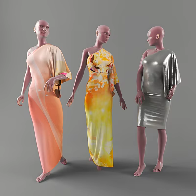 Fashion Mannequins Wearing Different Style Dresses in Orange Gradient Yellow Floral and Silver Shiny Fabric 3d model