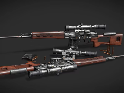 Two Rifles With Scopes Wooden Stocks And Metal Parts Alongside Magazines And Bullets 3d model