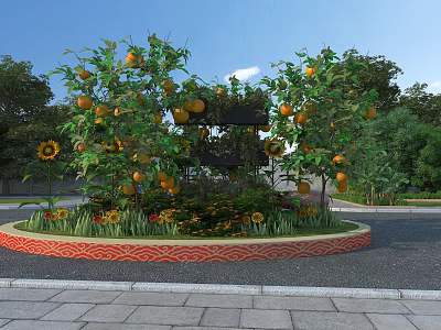 Garden Landscape With Orange Trees Blooming Sunflowers Circular Flower Bed Green Foliage And Blue Sky 3d model