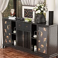 Black Sideboard with Golden Tiger Patterns and Decorative Top Ornaments