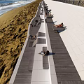 Outdoor Chairs On Beach With People Sitting Under Blue Sky And Railing Wall
