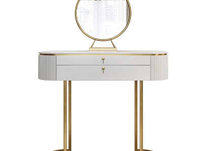 Elegant Modern Dressing Table With White Top Gold Metal Legs And Round Mirror Drawer 3d model