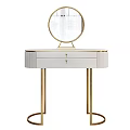 Elegant Modern Dressing Table With White Top Gold Metal Legs And Round Mirror Drawer