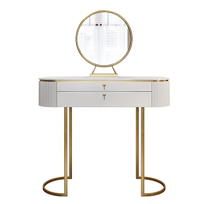 Elegant Modern Dressing Table With White Top Gold Metal Legs And Round Mirror Drawer 3d model