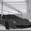 Gray Sports Car In Bright Indoor Showroom With White Ceiling And Blue Floor