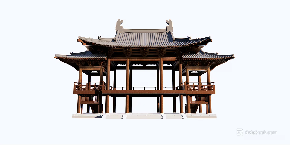 Traditional Ancient Chinese Architectural Structure With Overhanging Eaves Tiled Roof Wooden Balustrades And Stone Steps 3d model 