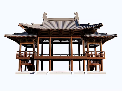 Traditional Ancient Chinese Architectural Structure With Overhanging Eaves Tiled Roof Wooden Balustrades And Stone Steps 3d model