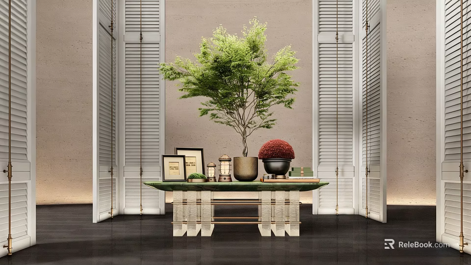 Stylish Console Table With Green Plant Photo Frames Red Decoration And Shutter Background 3d model 