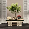 Stylish Console Table With Green Plant Photo Frames Red Decoration And Shutter Background
