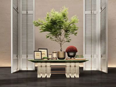 Stylish Console Table With Green Plant Photo Frames Red Decoration And Shutter Background 3d model