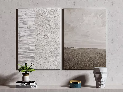 Textured Abstract Paintings On Wall With Green Plant Books And Decorative Items 3d model