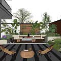 Modern Garden Landscape Design With Lush Plants Seating And Paving Lights 3d model
